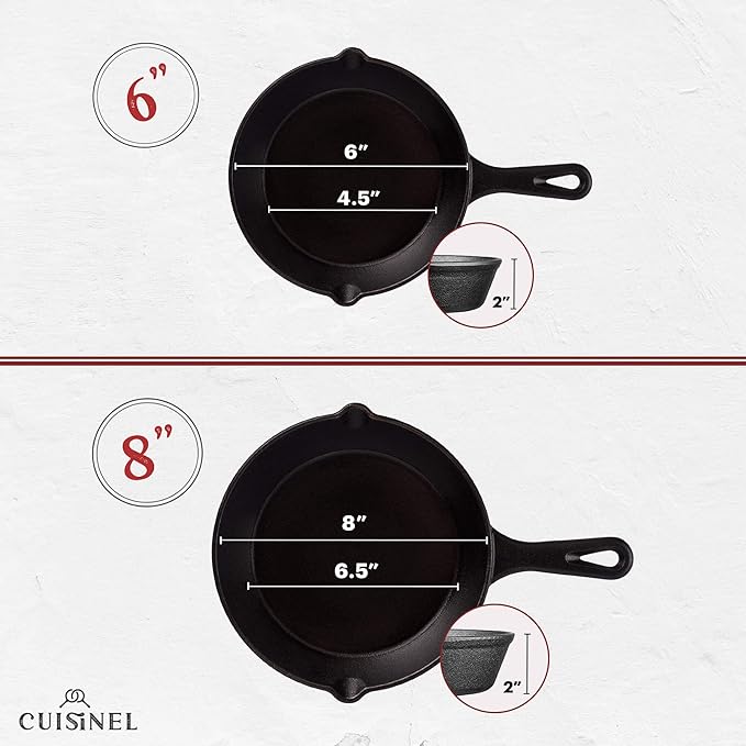 Cuisinel Cast Iron Skillets Set - 4-Piece Chef Pans - 6" + 8" + 10" + 12"-Inch + 4 Heat-Resistant Handle Holders - Pre-Seasoned Oven Safe Cookware - Indoor/Outdoor Use - Grill, Stovetop, BBQ Safe