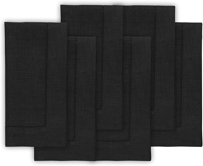 Solino Home Black Linen Napkins Set of 6-100% Pure Linen Hemstitch Dinner Napkins 20 x 20 Inch for Winter, Holiday, New Year - Classic Hemstitch