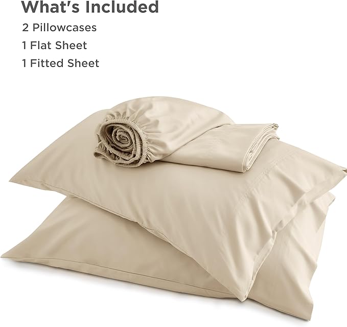 Bedsure Queen Sheet Set, Rayon Derived from Bamboo, Cooling Sheets, Deep Pocket Up to 16", Breathable & Soft, Hotel Luxury Silky Bedding for Hot Sleepers, Beige