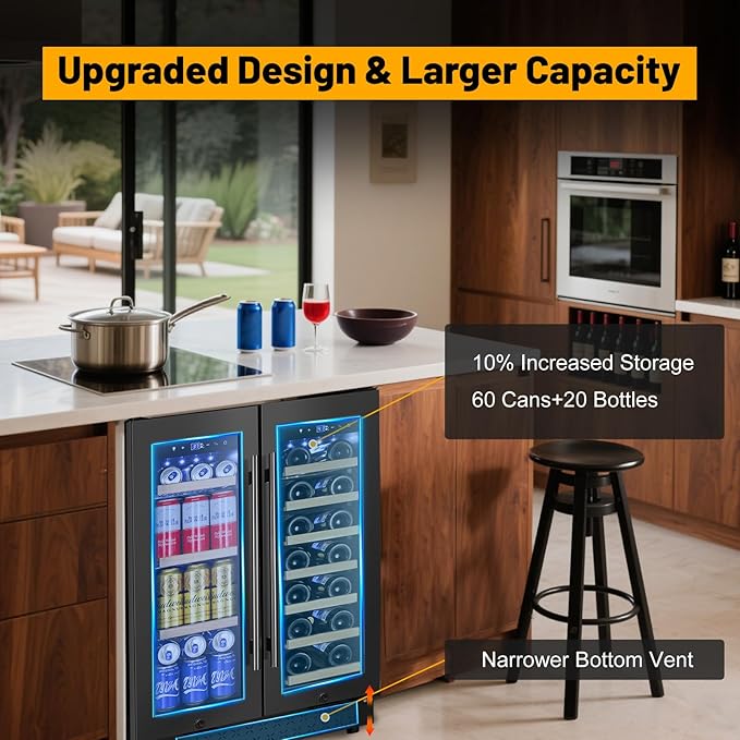 Wine and Beverage Refrigerator, 24 Inch Beverage Cooler Dual Zone with Glass Door, Under Counter Beverage Fridge with Upgraded 60 Cans 20 Bottles Large Capacity, Black
