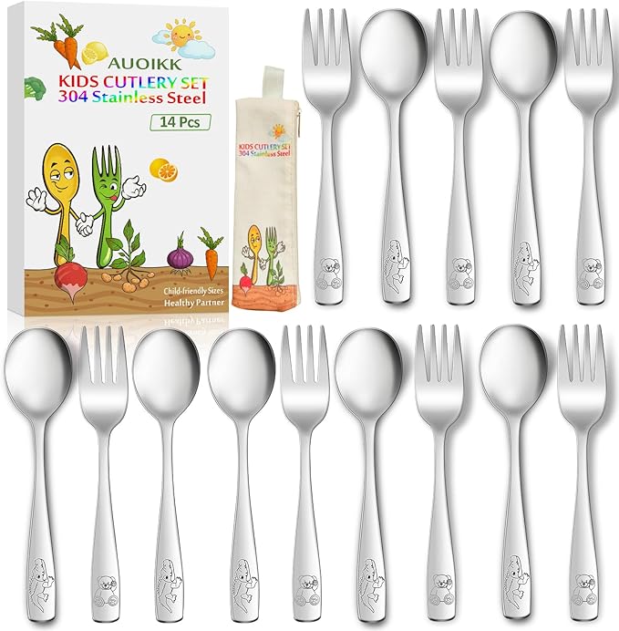 14-Piece Toddler Flatware, Kids Utensils Stainless Steel Cutlery Set, Children Safe Spoons and Forks with Ergonomic Handle, Easy to use and Dishwasher Safe (Crocodile and Bear)
