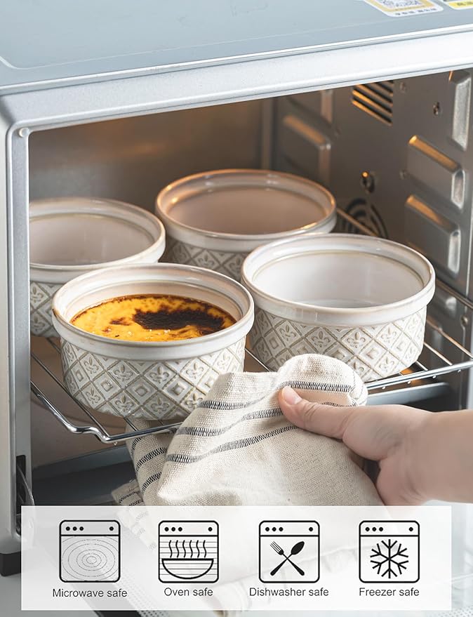 Ceramic Souffle Small Baking Dishes for Oven, 16oz Charcuterie Bowls Creme Brulee Ramekins Set with Lids, Pudding Custard Cups Snack Dipping Bowls Set of 4, Beige
