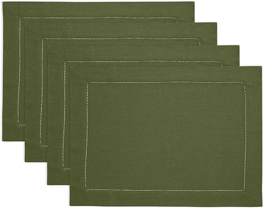 Solino Home Linen Cloth Placemats Set of 4-100% Pure Linen Hemstitch Olive Placemats 14 x 19 Inch - Classic Hemstitch Table Place Mats for New Year