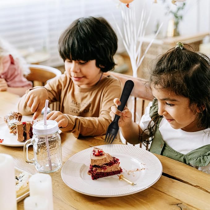 12 Pcs Kids Spoons and Forks Toddler Utensils Plastics Reusable Silverware Baby Cutlery Set Feeding Dinnerware Utensils BPA Free Microwave Dishwasher and Freezer Safe- Black