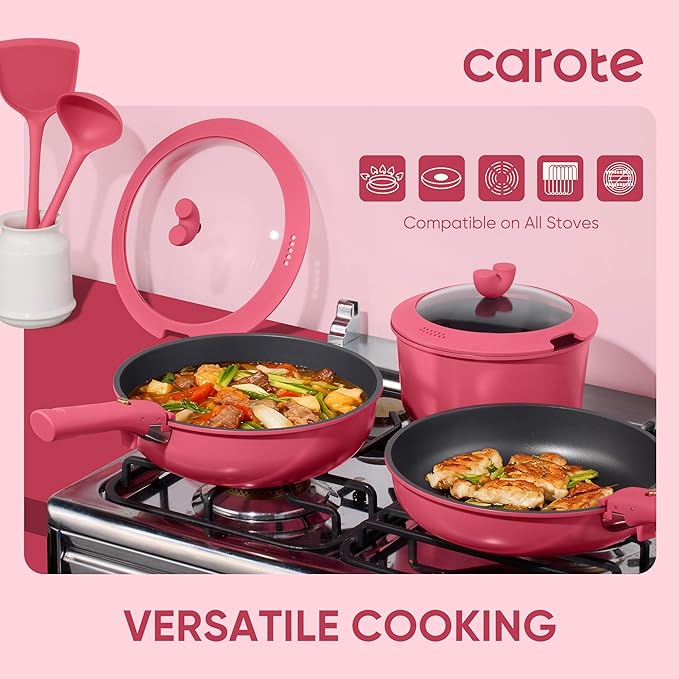 CAROTE 15pcs Pots and Pans Set Non Stick, Cookware Set Non Toxic with Detachable Handle, Induction Kitchen Cooking Set, Dishwasher/Oven Safe, RV/Camping Cookware