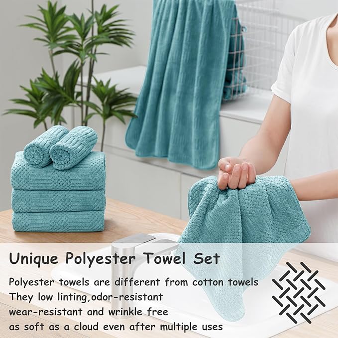 18 Pcs Turquoise Woven Family Towels Set-6 Bath Sheets,6 Hand Towels,6 Washcloths Soft Polyester Towels Absorbent Shower Towel Quick Dry Beach Chair Towel Lint Less Towels Set for Bathroom Spa Gym