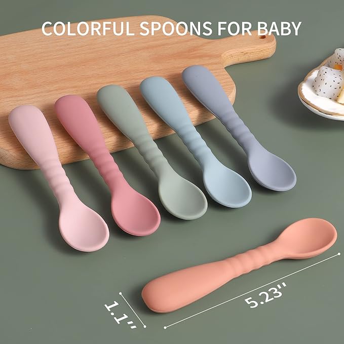 ME.FAN Silicone Baby Feeding Spoons 6 Pack First Stage Infant Spoons - Baby Utensils Soft Training Spoon Self Feeding - Chew Spoon Set for Babies and Toddlers Bright