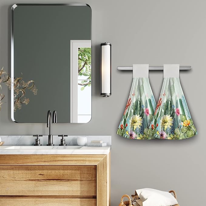 Green Cactus Hand Towels Tropical Succulent Hanging Kitchen Towels with Loop Absorbent Tea Bar Dish Towel for Bathroom Laundry Gym