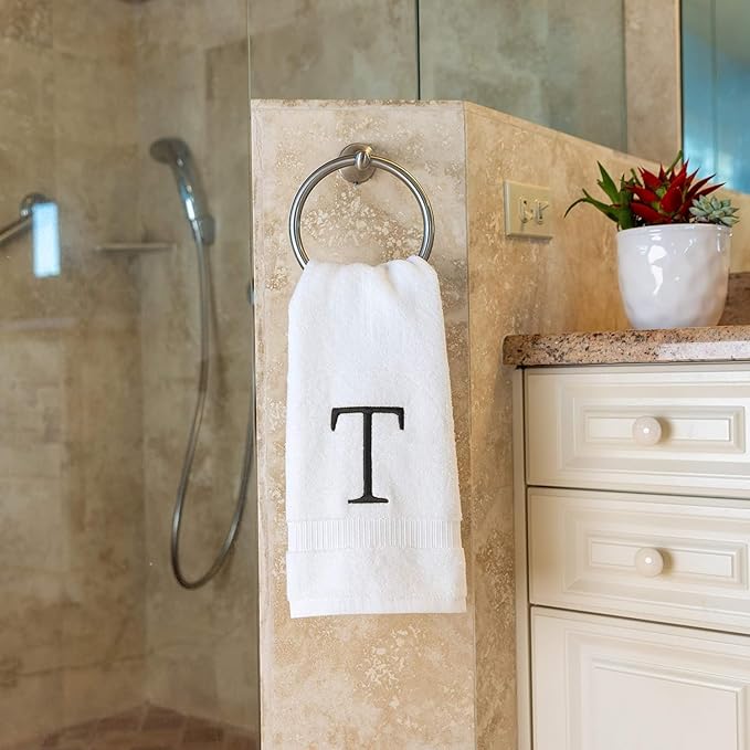 Dark Gray and White Bathroom Hand Towel - Monogrammed Luxury Hotel Quality Decorative Embroidered Towel for Powder Room, Spa - GOTS Organic Certified - Pack of 2, Letter T