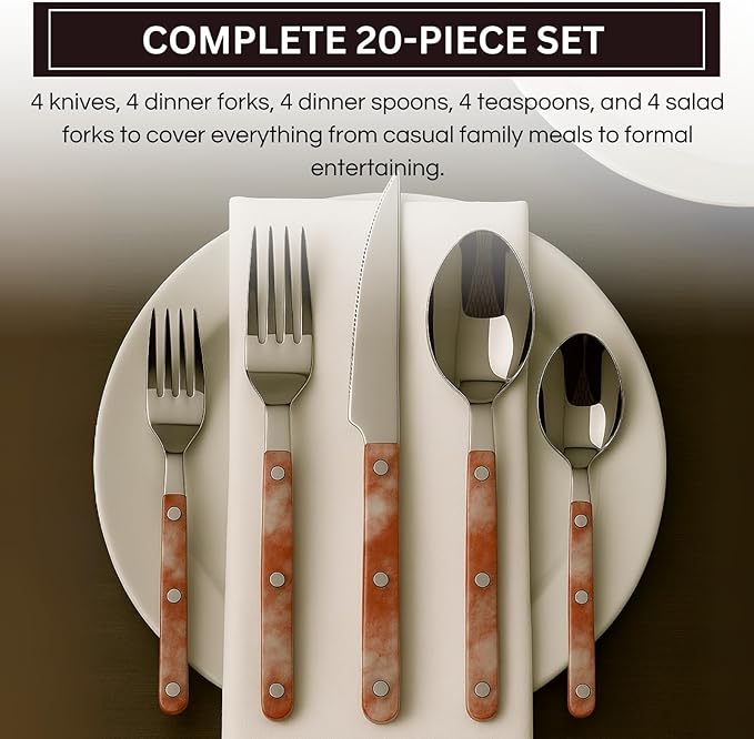 Khen 20-Piece Cutlery Set with Dinner Knives, Forks, Spoons, Salad Forks & Teaspoons – Durable and Dishwasher Safe Utensil Set for Home, Kitchen, Weddings & Occasions - Blush Storm Pattern Handle
