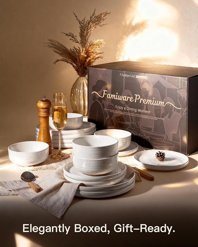 Stoneware Dinnerware Dishes Set for 8, 24 Pieces Plates and Bowls Sets, Spiral Flared Tableware with Speckles & Reactive Glaze - Microwave and Dishwasher Safe, White