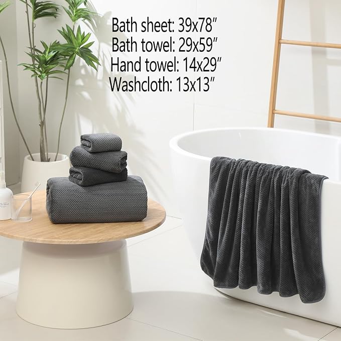 YTYC 29x59 Inch Extra Large Bath Towels Set of 6 Quick Dry Super Soft Microfiber Towels for Bathroom 80% Polyester (Charcoal Grey, 6 Piece)