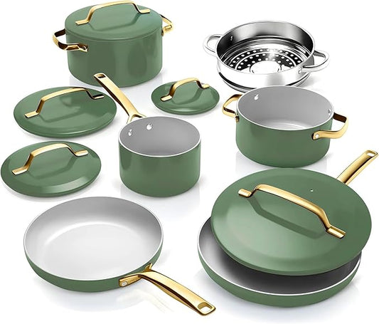 Gotham Steel Modern 11 Pc Ceramic Cookware Set, Elegantly Designed Pots and Pans Set Non Stick with Steamer, Induction Bottom, Premium Stay Cool Handles, Non Toxic PFOA Free, Oven & Dishwasher Safe