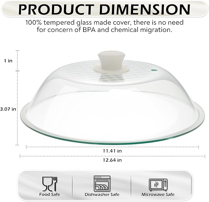 OEC Lighter Weight Tempered Glass Microwave Splatter Cover - 12.7 inch - Heat-Resistant & Impact-Resistant, Reinforced Glass Lid with Vent, Silicone Knob, Dishwasher Safe, 100% Food Grade - BPA Free