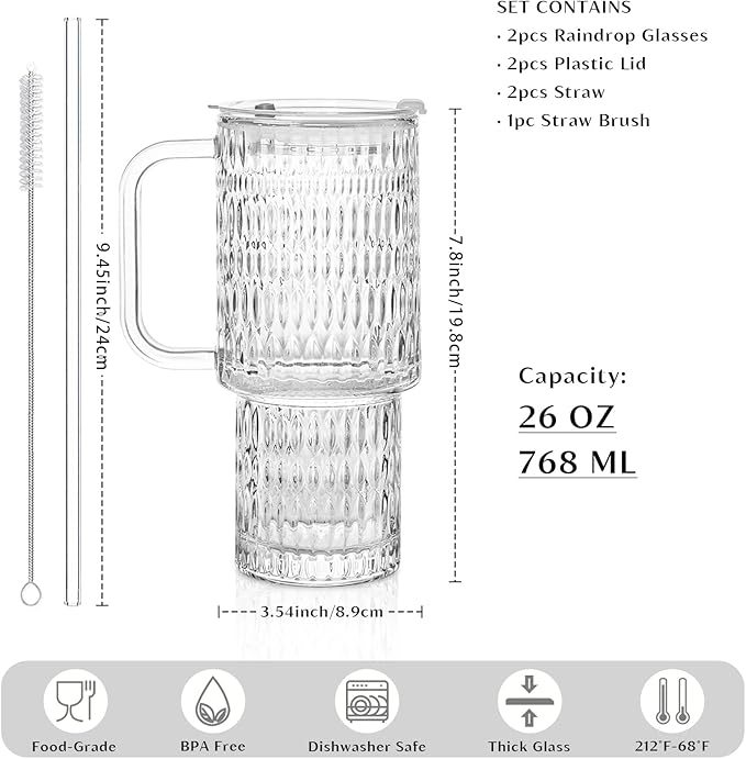INSETLAN 26oz Raindrop Glass Tumbler with Handle and Lid, Set of 2 – Reusable Iced Coffee Cups with Lids, Clear Glass Cups with Straw for Coffee, Smoothies, Tea, Juice – Perfect for any Occasion