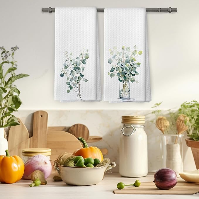 Sage Green Eucalyptus Botanical Kitchen Towels Set of 2, Watercolor Eucalyptus Bathroom Decor, Sage Green Kitchen Decor Hand Towel, Leaves Tea Towel Dish Towels 16x24 Inch