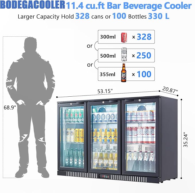 BODEGA BODEGACOOLER Commercial Bar Cooler With 3 Glass Doors,11.4 Cu.Ft Under Counter Beverage Refrigerator,Back Bar Refrigerator,Commercial Display Drink Fridge,LED Lighting Beer Wine Soda Drinks