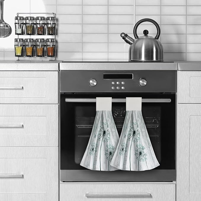 Giwawa Teal Dandelion Hanging Hand Towels with Loop Set of 2 Rustic Flower Soft Fast Dry Kitchen Tie Towel for Bathroom Laundry Farmhouse Decor