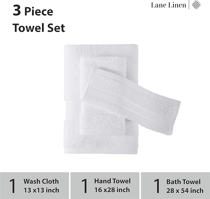 LANE LINEN Luxury Bath Towels Set - 3 Piece 100% Cotton Bathroom Towels, Quick Dry, Extra Aborbent, Super Soft Towels Set 1 Hand Towel, 1 Wash Cloths, 1 Bath Towel, White