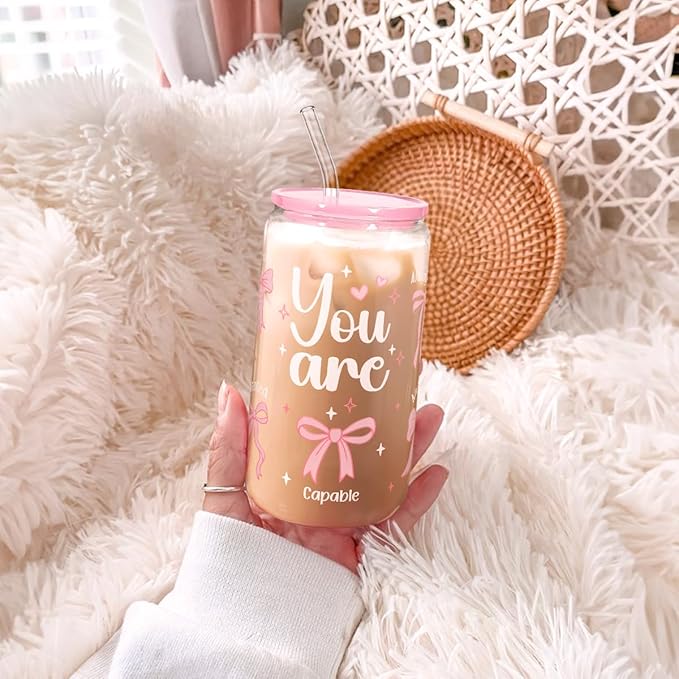 Christian 16oz Can Glass Tumbler with Acrylic Lid & Straw, Iced Coffee Cup for Women Girls, Aesthetic Cups Gifts for Birthday Christmas