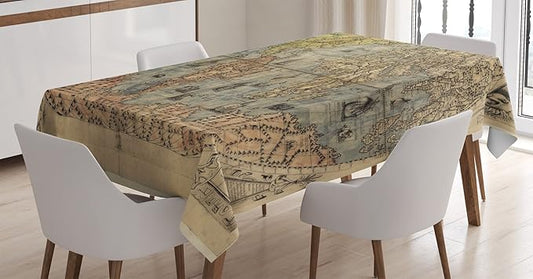 Ambesonne Antique Tablecloth, Map of World Global History Stained Paper Oceans Lands Vintage Atlas, Rectangular Table Cover for Dining Room Kitchen Decor, 60" X 84", Tan Green