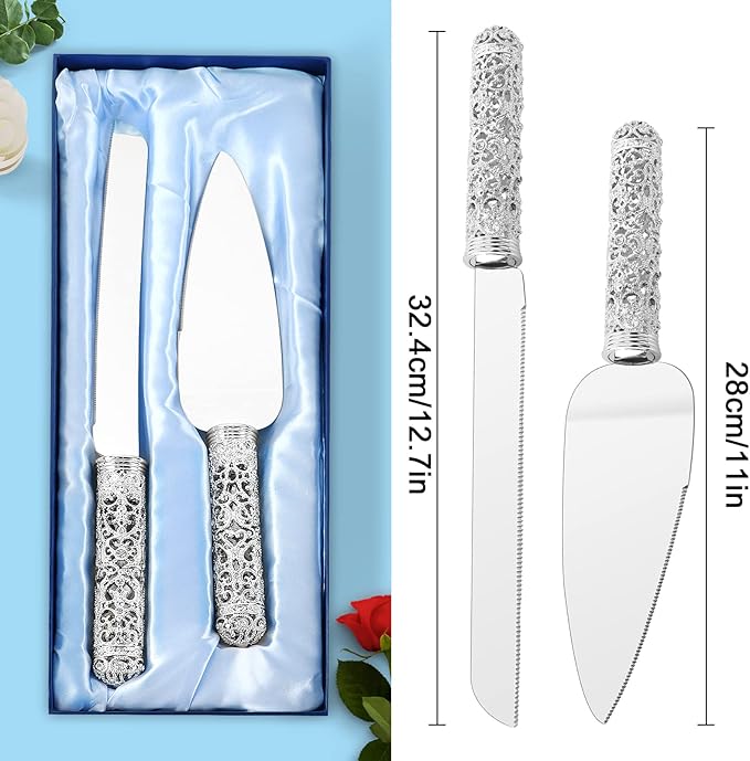 Wedding Silver Cake Knife and Server Set - 2 Pcs Dessert Set Metal Handle with Crystal Stones Decoration for Wedding, Anniversary Party Birthday Banquets,Gifts for Bride and Groom