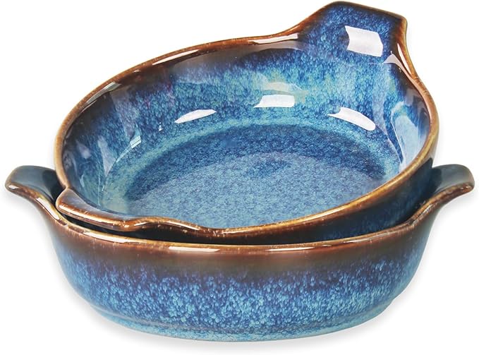 Ceramics Au Gratin baking Dishes Set of 2, Baking Tray Bake ware, 34 oz Ramekins, for Pie Pan, Appetizer, Tart, Dessert, Quiche, Oven Small dish, individual dishes, Deep Round 9.6 Inch