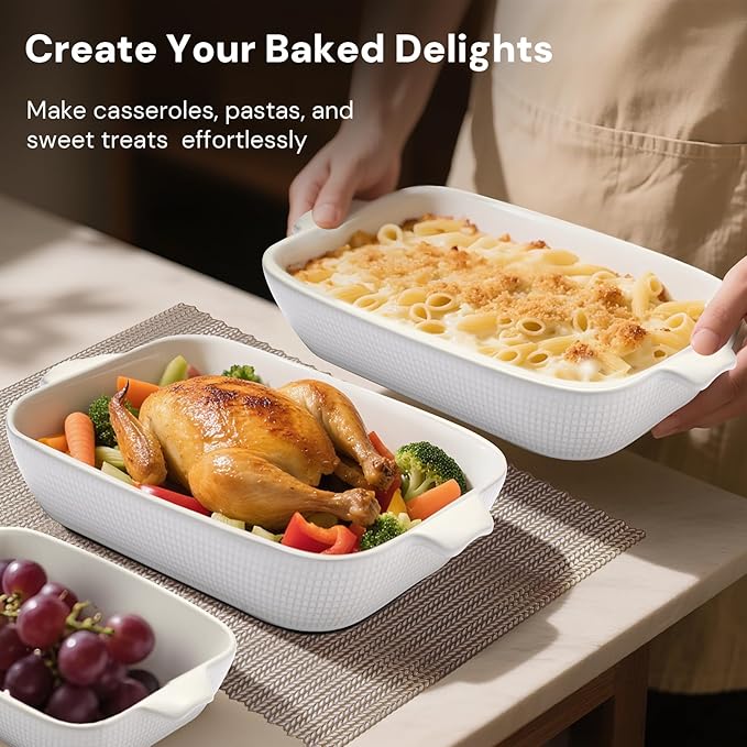 Bakeware Casserole Oven Dishes Baking - 3pcs Ceramic Rectangular Oven Serving Sets,（10.3/12.4/14.7）Stoneware Cookware Pan, Porcelain White Thanksgiving Ware for Cooking Lasagna (Red)