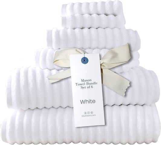 Blue Loom Ribbed Bath Towels Set, 100% Cotton 600GSM, Soft Absorbent Durable 2 Bath Towels, 2 Hand Towels, 2 Wash Cloths for Bathroom - Mason (58" x 30" inch Towels) (White, 6 Piece)