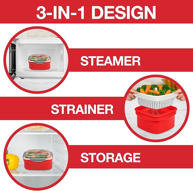 3pc Microwave Cookware Vegetable Steamers (2 pack)- Reusable Meal Prep Food Containers, Store XMAS Leftovers-Removable Strainer & Locking Steam Vent Lid- BPA Free, Fridge and Freezer Safe | 1.3 Liters