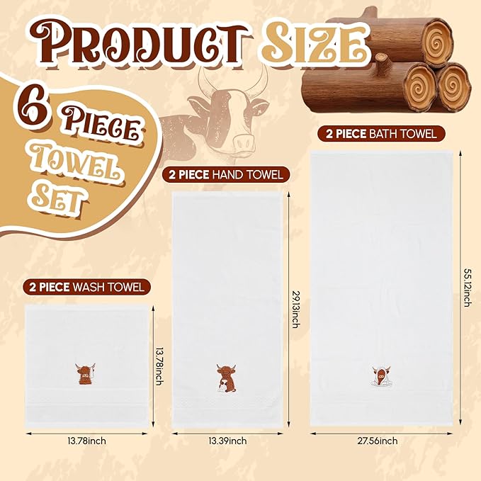 Peryiter 6 Pack Cotton Christmas Bath Towels Set White Highland Cow Towels for Bathroom, Soft and Absorbent, Contains 2 Bath Cloth, 2 Hand Cloth and 2 Washcloths