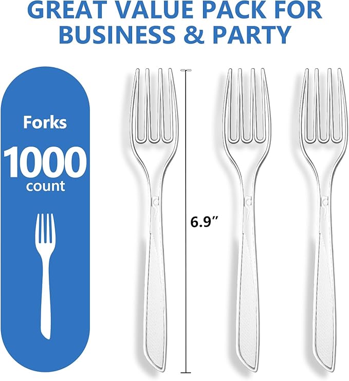 SACATR 1000 Count Heavy Duty Clear Plastic Forks,BPA-Free,Heat Resistant Disposable Plastic Forks Bulk, Solid Durable Premium Cutlery for Parties, Events and Everyday Use