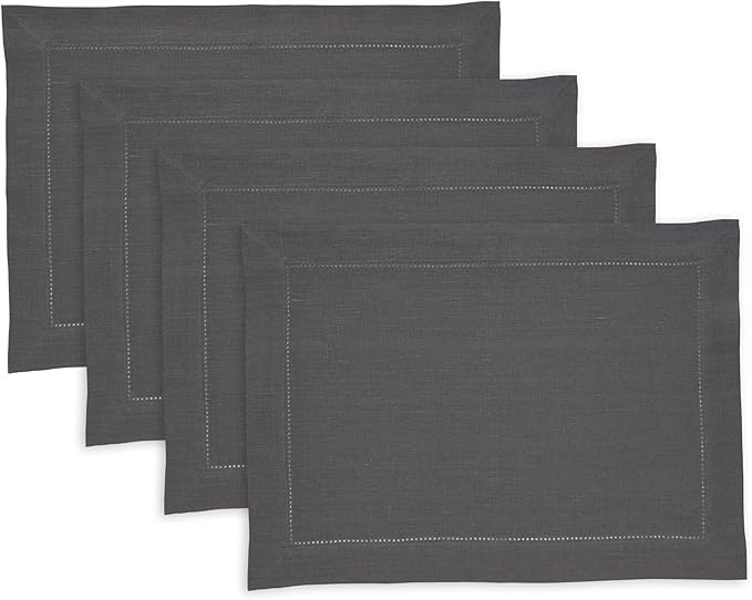 Solino Home Linen Cloth Placemats Set of 4-100% Pure Linen Medium Weight Hemstitch Charcoal Placemats 14 x 19 Inch - Handcrafted and Machine Washable Place Mats for Winter, New Year