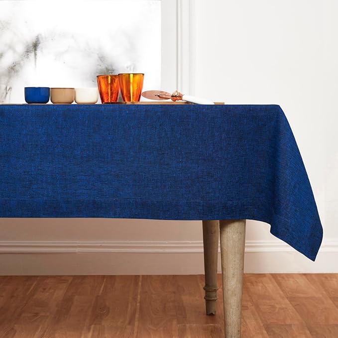Solino Home Linen Tablecloth 60 x 108 Inch - 100% Pure Linen Royal Blue Table Cloth for Rectangular Tables - Athena, Machine Washable Cloth Tablecloth for New Year