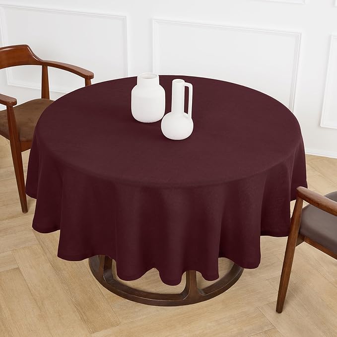 Solino Home Linen 60 Inch Round Tablecloth - 100% Pure Linen Burgundy Round Tablecloth - Machine Washable Table Cloth for Christmas, New Year - Sonoma