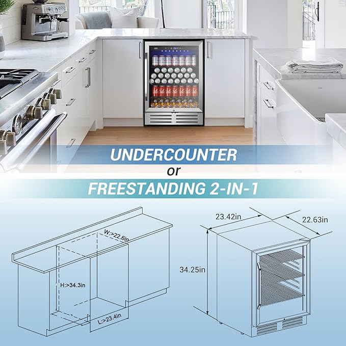 24 Inch Beverage Refrigerator, 210 Cans Under Counter Beverage Cooler, 24" Space Built-In Beer and Drink Fridge with Glass Door for Soda, Water, and Milk - For Kitchen, Bar or Office