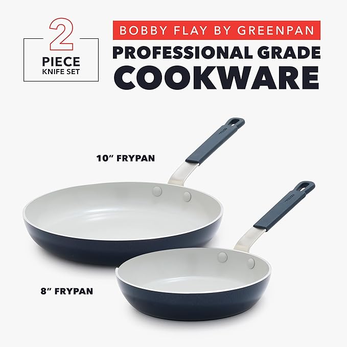 GreenPan x Bobby Flay 2 Piece- 8” and 10” Nonstick Frying Pan Skillet Set, PFAS-Free Diamond Ceramic, Induction Suitable, Stay-Cool Silicone Handle, Easy Clean Dishwasher & Oven Safe, Oxford Blue