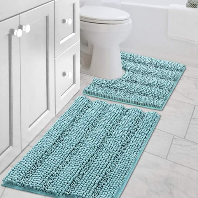 H.VERSAILTEX Bathroom Rugs Set 2 Piece Bathroom Contour Rug Toilet Mat Sets, Non Slip, Contou,r Ultra Thick, Water Absorbent, Striped Bath Rug, Washable(20" x 32" Plus 20" x 20" U, Aqua Haze)