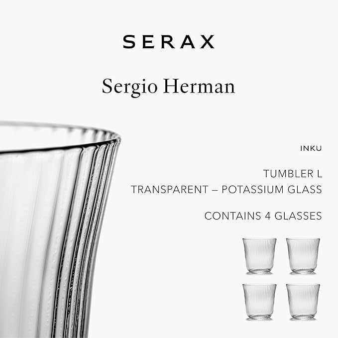 Serax Large Whiskey Glasses Drinking Set of 4 | Inku Glassware by Sergio Herman | Clear Glass Tumbler Cups without Lids | Home Essentials, Cocktail Glasses | Whisky, Beer, Juice, Water