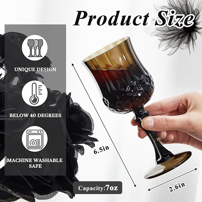 Pinkunn 50 Pcs 7 oz Plastic Vintage Wine Glasses Reusable Colored Goblets Patterned Drinking Water Glasses Cup Dishwasher Safe for Christmas Wedding Reception Party Supplies (Black)
