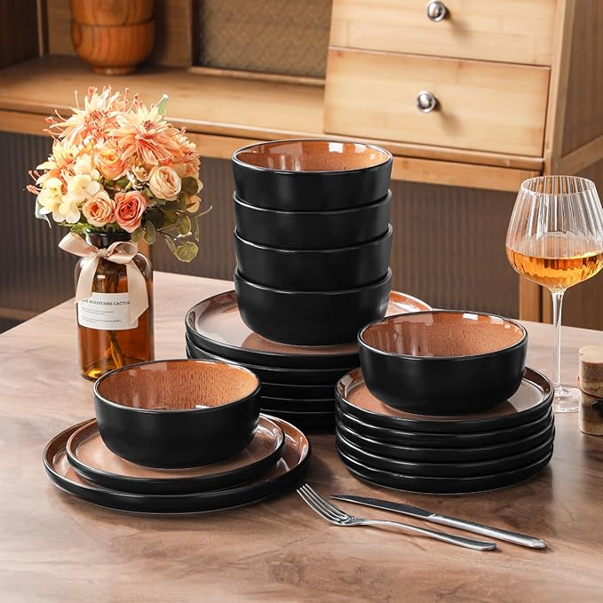 vancasso Plates and Bowls Sets, 18 Pieces Stoneware Dinnerware Sets for 6, Kitchen Dish Set Mircowave and Dishwasher Safe Ceramic Dishware, Dark Brown, Series AMBER
