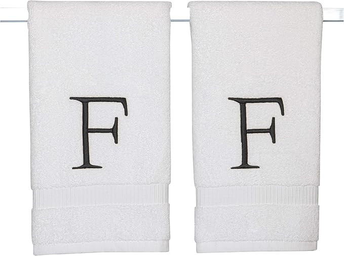 Black Monogramme d Hand Towel for Bathroom - Initial Hotel Quality Decorative Embroidered Luxury Towel for Powder Room, Spa - GOTS Organic Certified - Set of 2 Letter F