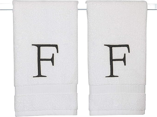 Black Monogramme d Hand Towel for Bathroom - Initial Hotel Quality Decorative Embroidered Luxury Towel for Powder Room, Spa - GOTS Organic Certified - Set of 2 Letter F