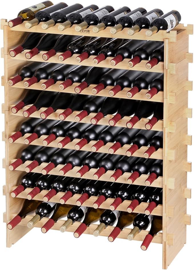 VEVOR 8-Tier 72 Bottles Stackable Modular Wine Rack, Freestanding Wines Holder Display Shelf, Solid Bamboo Wood Storage Racks, Wobble-Free Shelves for Kitchens, Dining Rooms, Cellars, Natural Color