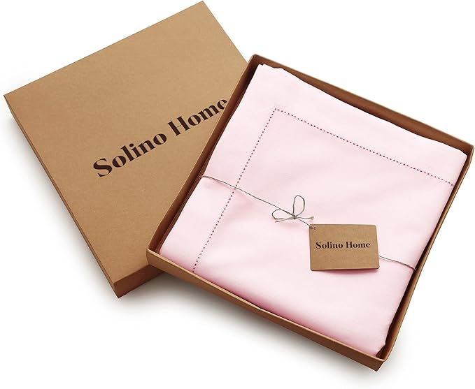 Solino Home Pink Tablecloth 58 x 104 Inch - Cotton Linen Hemstitch Rectangular Tablecloth - Machine Washable Table Cloth for Valentines, New Year