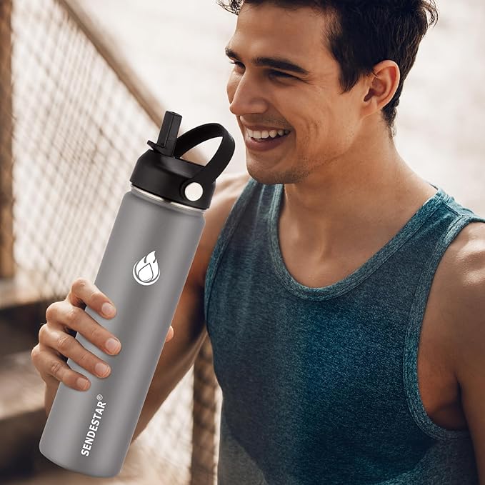 SENDESTAR Stainless Steel Water Bottle, Wide Mouth Water Bottle 24 oz with Straw Lid, Spout Lid, Double Wall Vacuum Insulated Leak Proof, Keeps Liquids Hot or Cold (Graphite)