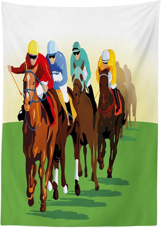 Ambesonne Horse Tablecloth, Vibrant Colorful Competitive Scene with Jockeys Racing Horses Equine Retro Artwork, Rectangular Table Cover for Dining Room Kitchen Decor, 60" X 84", Green Brown