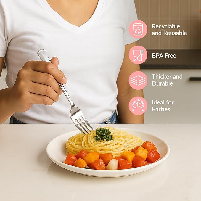 Prestee 100-Pack Heavy Duty Plastic Forks - 7-Inch Elegant Silver Plastic Forks Disposable Set - Fancy, Disposable Silverware Utensils for Parties, Holidays, Weddings, and Events - Durable Cutlery Set