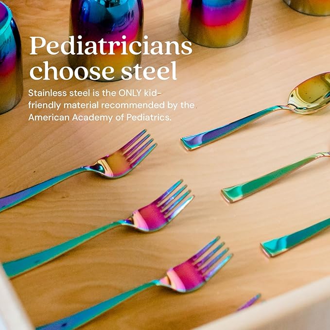 Ahimsa Stainless Steel Kids Utensils, Pediatrician Designed, Colorful Silverware for Kids & Toddlers, Non Toxic, Dishwasher Safe, Rainbow Fork and Spoon Set