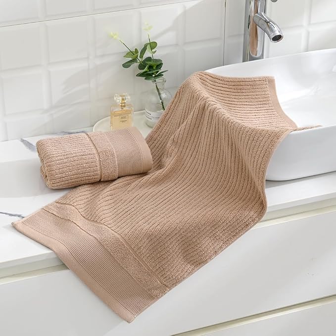 sense gnosis Khaki Hand Towel Soft Ribbed Striped Pattern 100% Cotton Absorbent Luxury Decorative Towel for Bathroom 13 x 29 Inch, 2 Pieces